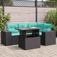 5-delige Loungeset met kussens poly rattan acacia zwart - thumbnail