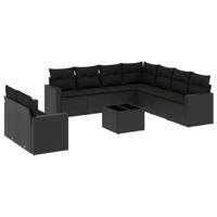 10-delige Loungeset met kussens poly rattan zwart - thumbnail
