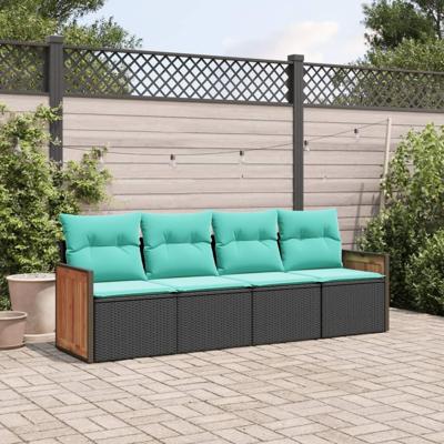 4-delige tuinbankset met kussens, zwart polyrotan