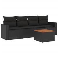 5-delige Loungeset met kussens poly rattan zwart - thumbnail