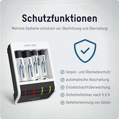 ANSMANN Caricabatterie per batterie da 1-4 batterie NiMH AA o AAA, caricatore automatico con tecnologia di ricarica Perfect-7, monitoraggio singolo e modalità repair - Comfort Smart
