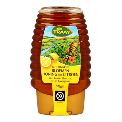 Traay Bloemenhoning met citroen knijpfles bio 365 Gram