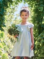 Nette jurk van katoenen gaas met mouwen met Engels borduurwerk saliegroen - thumbnail