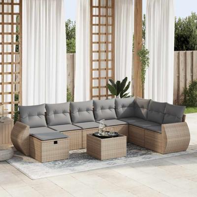 8-delige Loungeset met kussens poly rattan gemengd beige