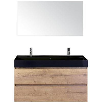Maxx XL Badmeubelset 120 cm - Natuur Eiken - Wastafel Kube Enkel Zwart 2 Kraangaten met Spiegel