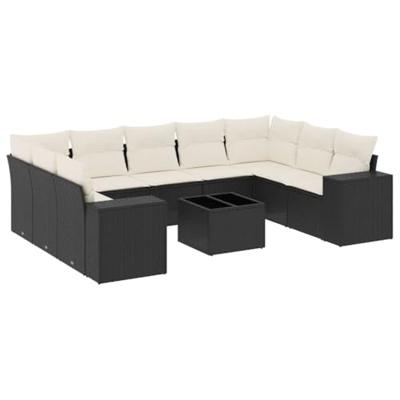 10-delige Loungeset met kussens poly rattan zwart