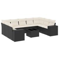10-delige Loungeset met kussens poly rattan zwart - thumbnail