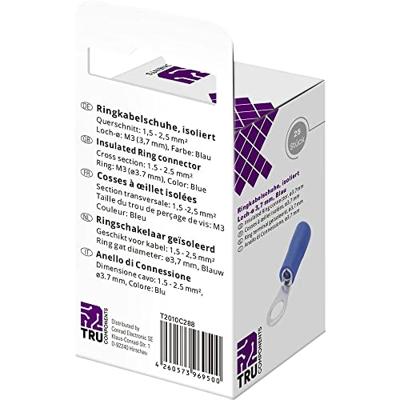 TRU COMPONENTS T2010C288 Ringkabelschoen Dwarsdoorsnede (max.)=2.5 mm² Schachtdiameter=3.7 mm Deels geïsoleerd Blauw 25 stuk(s)