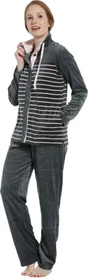 Pyjama pak dames velours - Grey stripe - Nos - Winter velours huispak 2-delig