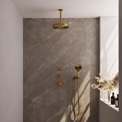 Brauer Stripe thermostatische inbouw regendouche SET 06 met 25 cm douchekop en plafondarm en 3-standen handdouche en doucheslang en wandaansluitbocht goud geborsteld PVD