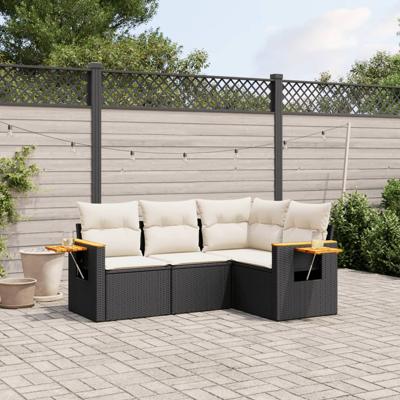 5-delige Loungeset met kussens poly rattan zwart - thumbnail