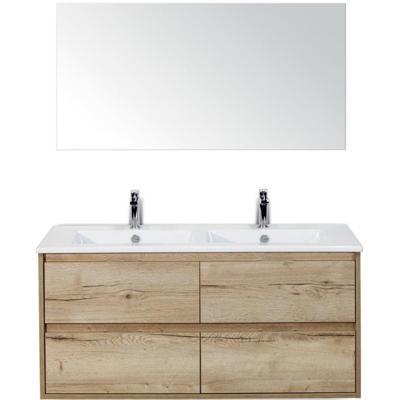 Porto Badmeubelset 120 cm - 4 Laden Natuur Eiken - Keramische Wastafel Wit Slim met Spiegel