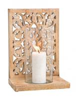 Windlicht bloemendecor, van mangohout, glas naturel (B/H/D) 24x35x17cm - thumbnail