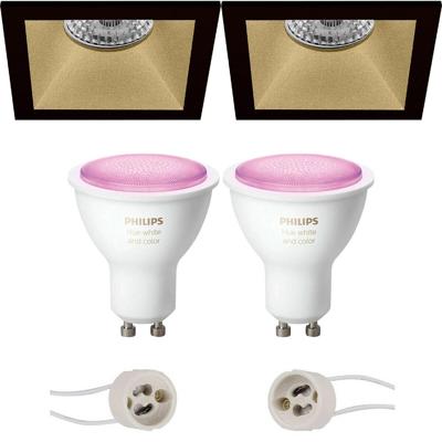 Pragmi Pollon Pro - Inbouw Vierkant - Mat Zwart/Goud - Verdiept - 82mm - Philips Hue - LED Spot Set GU10 - White and Color Ambiance - Bluetooth