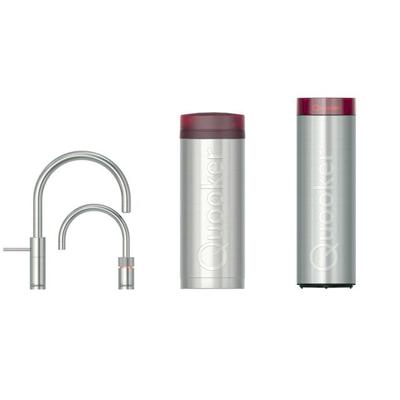Quooker Nordic Round Twintaps kokendwaterkraan - draaibare uitloop - Combi incl. Cube reservoir - Warm / kokend water - RVS 3NRRVSTT-CUBE