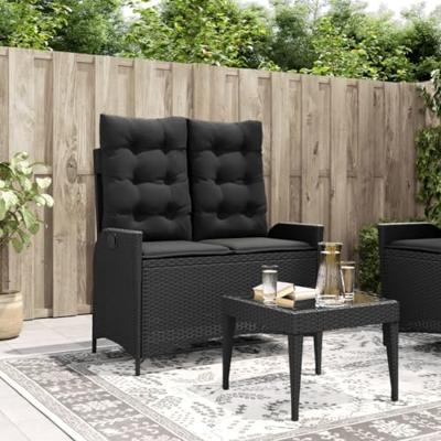 Tuinbankje verstelbaar met kussens poly rattan zwart