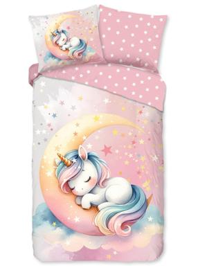 Good Morning Kinderdekbedovertrek "eenhoorn slapend op een maan" - Roze - (140x200/220 cm) - Katoen Good Morning Kinderdekbedovertrek "eenhoorn slapend op een maan" - Roze - (140x200/220 cm) - Katoen