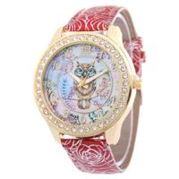Uil patroon lederen band quartz horloge (rood) - thumbnail