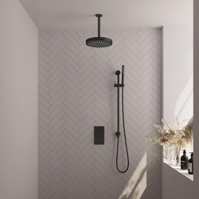 Brauer Stripe thermostatische inbouw regendouche 3-weg rechthoekig SET 21 met 25 cm douchekop en plafondarm en staaf handdouche en doucheslang en geintegreerde glijstang mat zwart
