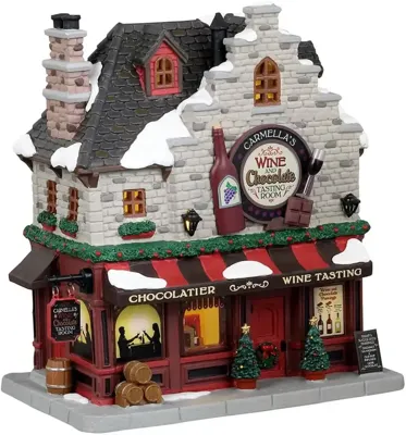 Lemax carmella's wine and chocolate tasting room verlicht kersthuisje Caddington Village 2023