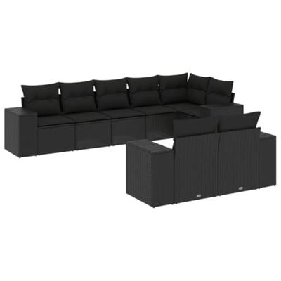 8-delige Loungeset met kussens poly rattan zwart