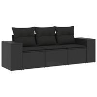 3-delige Loungeset met kussens poly rattan zwart - thumbnail