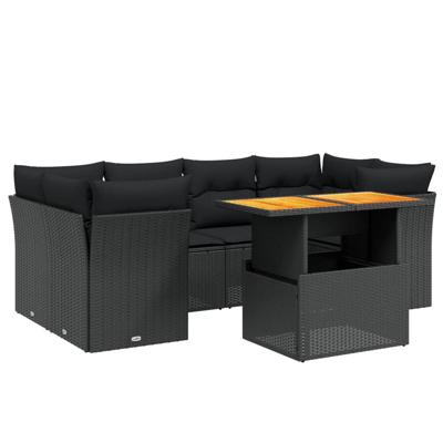 7-delige Loungeset met kussens poly rattan zwart