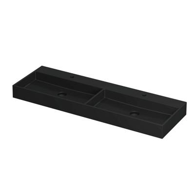 INK United Wastafel Porselein Dubbel met 2 Kraangaten incl. Porseleinen Click Plug en Verborgen Overloop Systeem - 1400x450x110 mm - Mat Zwart