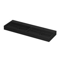INK United Wastafel Porselein Dubbel met 2 Kraangaten incl. Porseleinen Click Plug en Verborgen Overloop Systeem - 1400x450x110 mm - Mat Zwart - thumbnail