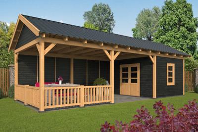 Tuindeco Hamar XL Overkapping type 7 990x445 cm Lariks/Douglashout blank en Zweeds rabat zwart- Zadeldak- Onbehandeld lariks Douglas hout- Tuindeco