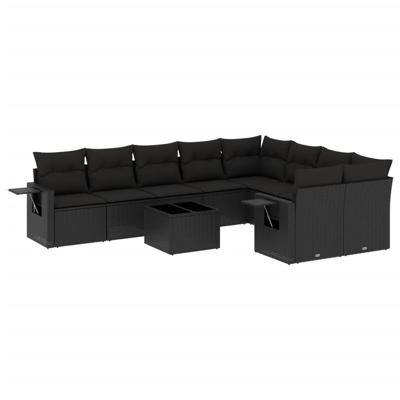 10-delige Loungeset met kussens poly rattan zwart - thumbnail