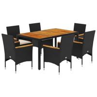 7-delige Tuinset met kussens poly rattan en acaciahout zwart - thumbnail
