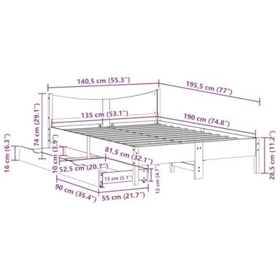 Bedframe met lades massief grenenhout wit 135x190 cm