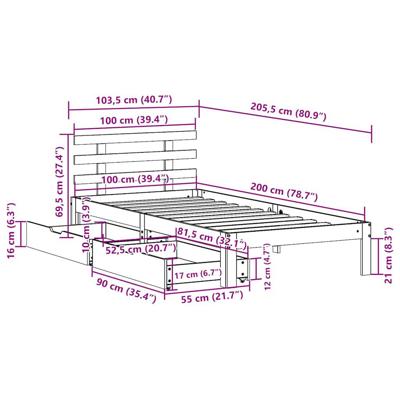 Bedframe met lades massief grenenhout wasbruin 100x200 cm