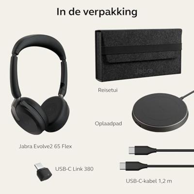 Jabra Evolve2 65 Flex Link380c UC + pad On Ear headset Bluetooth Stereo Zwart Noise Cancelling Headset, Microfoon uitschakelbaar (mute), Volumeregeling, Jabra Evolve2 65 Flex Link380c UC + pad On Ear headset Bluetooth Stereo Zwart Noise Cancelling Headset, Microfoon uitschakelbaar (mute), Volumeregeling,