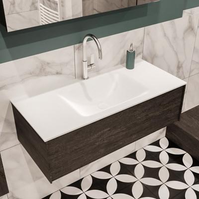 Mondiaz Lush Cloud badmeubel eiken Dark brown 100 cm 1 lade solid surface enkele spoelbak midden 1 kraangat