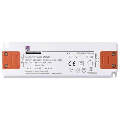 TRU COMPONENTS TC-YSL30F-2401250 LED-transformator Constante spanning 30 W 1.25 A 24 V/DC Geschikt voor meubels, Overspanning, Montage op ontvlambare