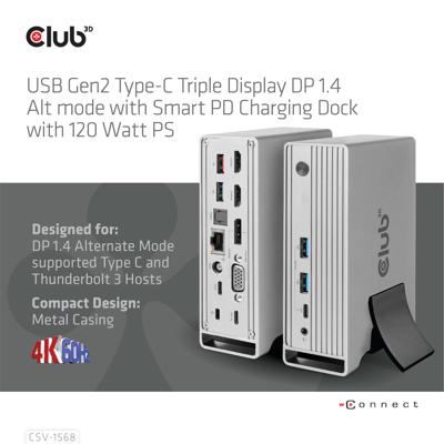 CLUB3D USB Gen2 Type-C Triple Display DP Alt mode Displaylink Dynamic PD Charging Dock met 120 Watt