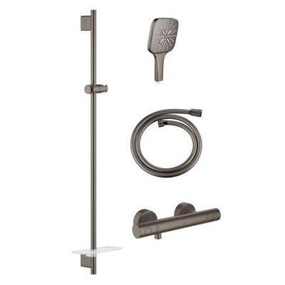 GROHE Grohtherm 1000 Smartactive Glijstangset - 90cm - met zeepschaal - thermostatische douchekraan - vierkante handdouche - gladde slang - 125cm - geborsteld hard graphite sw98744/sw98821/sw472254/sw472324/