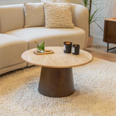 Livingfurn Ronde Salontafel 'Valentino' Mangohout en Travertin, 75cm