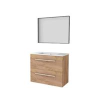 Basic-Line Framed 39 Badkamermeubelset - Ondiep - 80 x 39 cm - Greeploos - 2 Lades - Keramische Wastafel - 1 Kraangat - Spiegel met Zwart Aluminium Frame - Whisky Oak - thumbnail