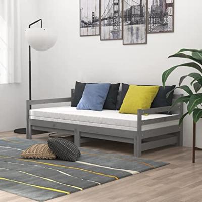Slaapbank uitschuifbaar massief grenenhout grijs 2x(90x200) cm - thumbnail