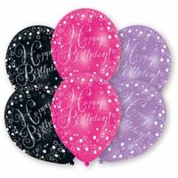 6 Happy Birthday ballonnen pink, paars en zwart - thumbnail