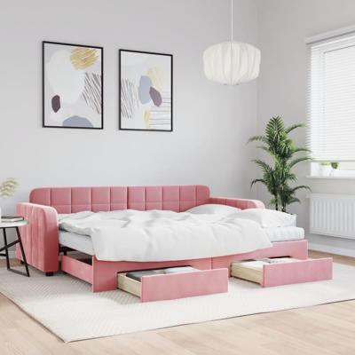 Slaapbank met onderschuifbed en lades 80x200 cm fluweel roze