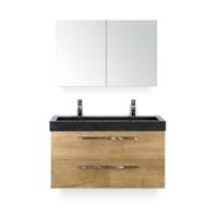 Seville Badmeubelset 100 cm - Natuur Eiken - Wastafel Hardsteen Wit Lucca 2 kraangaten - met Spiegel - Variant 2 - thumbnail