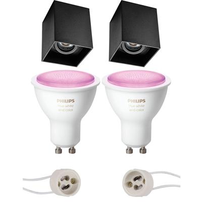 Pragmi Luxina Pro - Opbouw Vierkant - Mat Zwart - Verdiept - Kantelbaar - 90mm - Philips Hue - Opbouwspot Set GU10 - White and Color Ambiance - Bluetooth