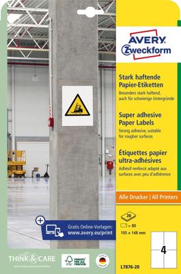 Avery sterk klevende papieren etiketten, ft 105 x 148 mm, pak van 80 etiketten Avery sterk klevende papieren etiketten, ft 105 x 148 mm, pak van 80 etiketten