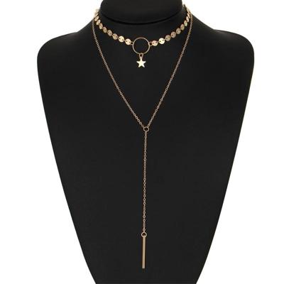 Eenvoudige sexy handgemaakte pailletten ster kwastjes cirkel Clavicle keten lange hanger Double-Layer keten (goud)