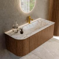 Mondiaz KURVE-DLUX 115 cm Onderkast Greeploos 1 Lade Met Deuren Walnut, Wastafel Solid Surface Rechts Glace 1 Kraangat Zonder Spiegel (KRVBGS115L1L1D1KR-Wal/Gla) - thumbnail