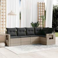 5-delige Loungeset met kussens poly rattan lichtgrijs - thumbnail